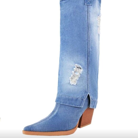 Cowboy Boots New Hole Denim Pointed Toe Knee-High Boots Women Vintage Shaft Boot - Picture 6 of 7